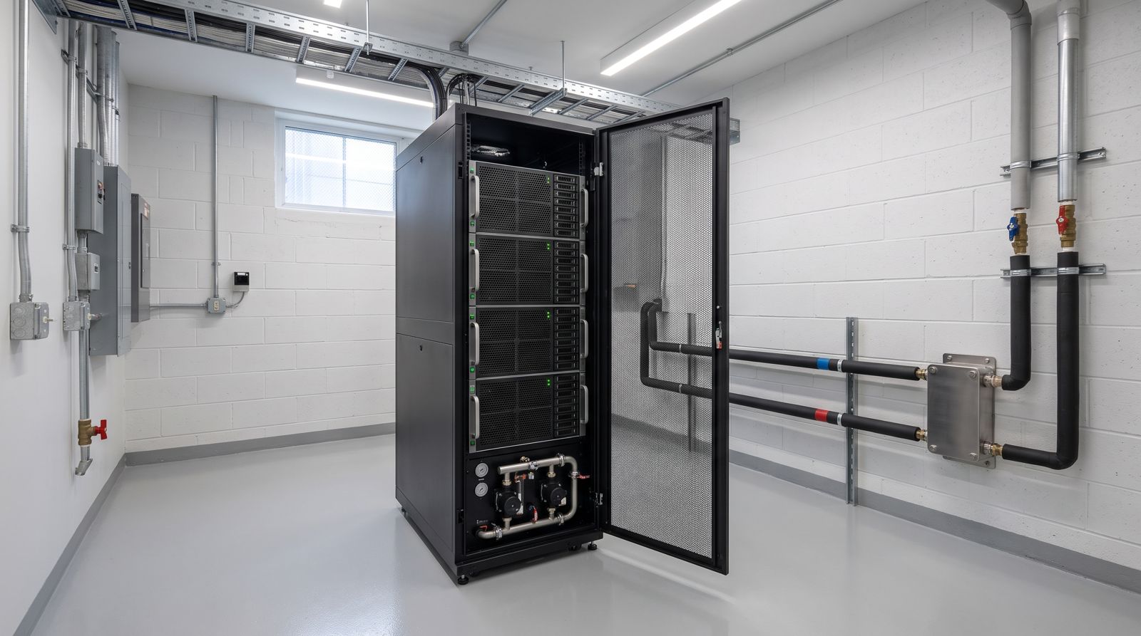 Rendu illustratif d’un cabinet de serveurs refroidi par liquide, avec quatre serveurs à 8 GPU et une unité de distribution du liquide, raccordé à un échangeur qui alimente le chauffage du bâtiment.